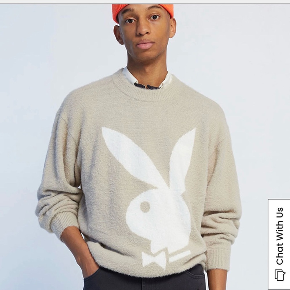 NWT Playboy By PacSun Declaration Logo Fuzzy Sweater Sz XL Tan White